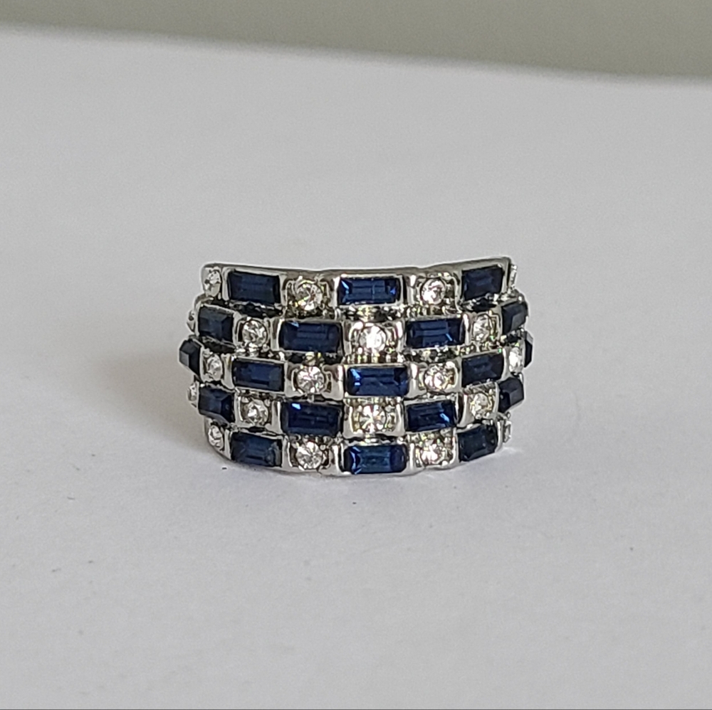 Silver Plated Boho Blue Clear Rhinestone Crystal Cluster Chunky Wide Ring